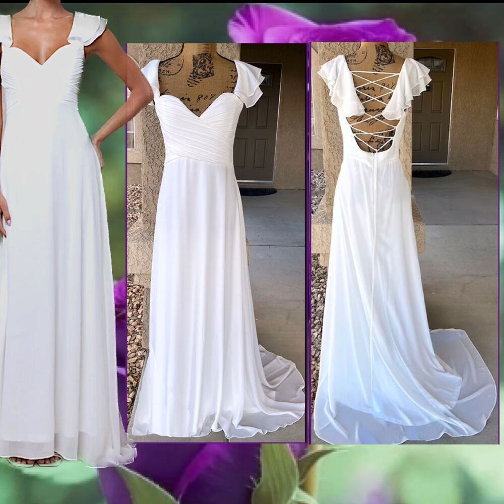 Lulus Heavenly Romance White Pleated Flutter Sleeve Lace-Up Maxi Dress Size L